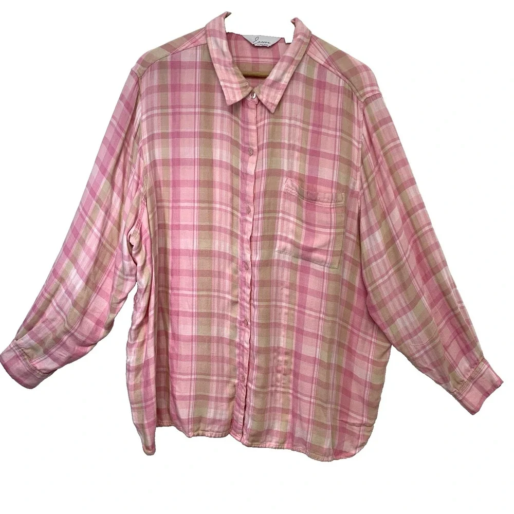 Encore Idina Menzel Pink Plaid Button Front Soft Flannel Shirt Woman 2X Casual